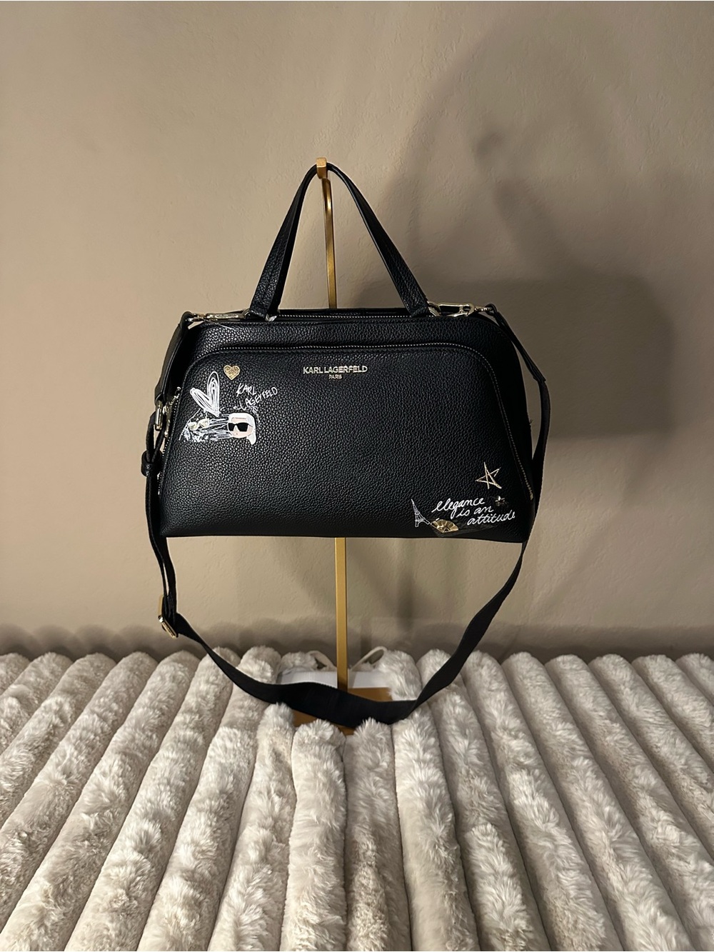 Karl Lagerfeld Black Satchel with White and Gold Graphic Details NWT
